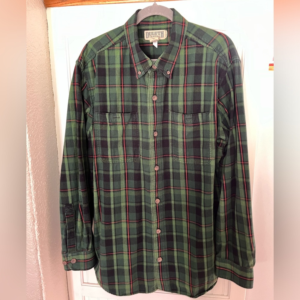 Duluth Trading Men’s Plaid Long Sleeve Shirt Size XL Trim fit, Green, Cotton